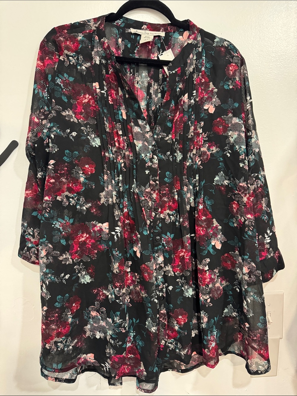 American Rag Black Floral Pintuck Tunic with Pink & Teal Accents